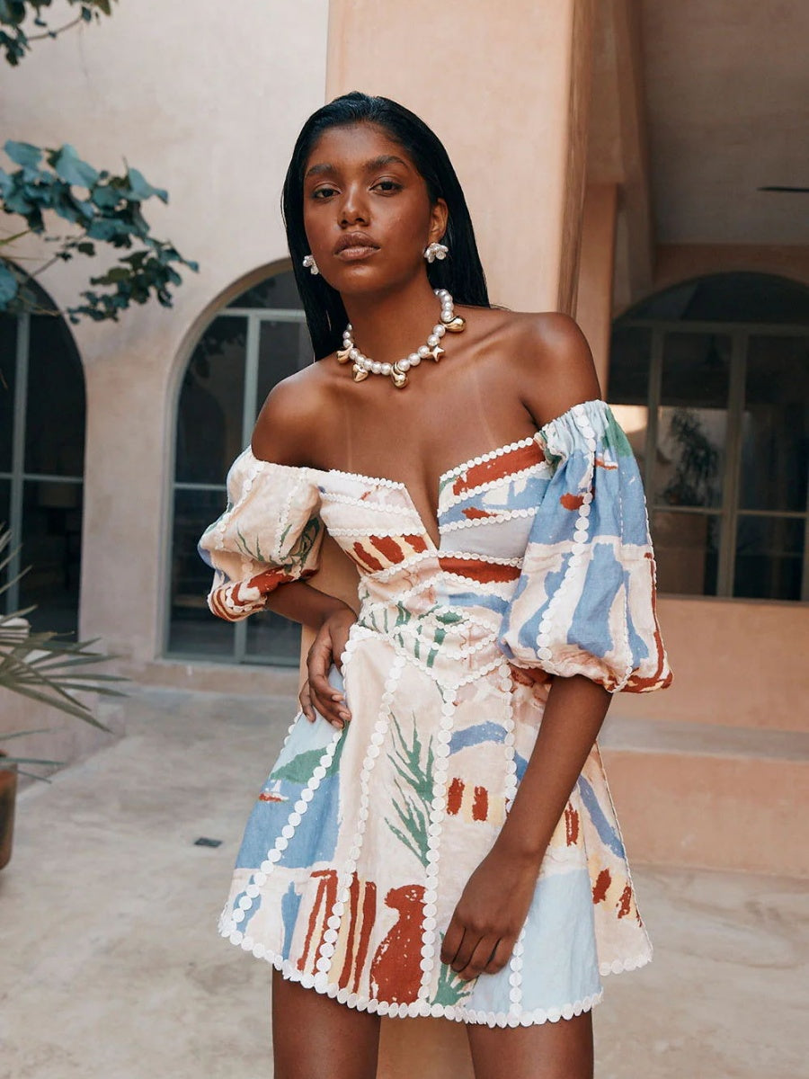 Geometric Pattern Printing Off Shoulder Short Sleeve Vacation Mini&Short Dresses
