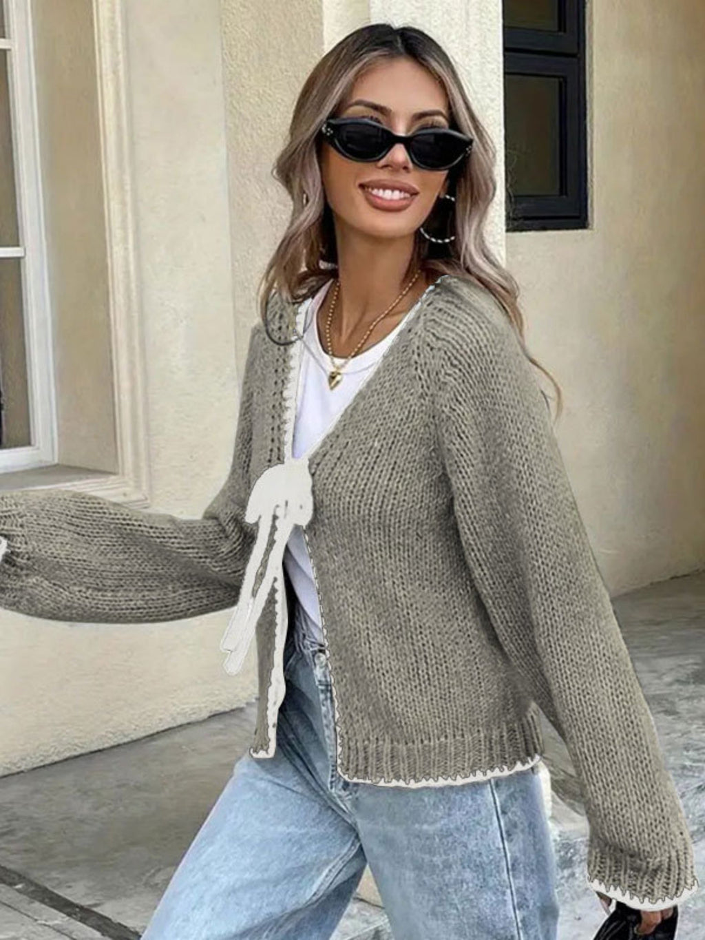 Bow Tie Color-blocked Cardigans
