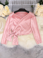 V-neck Long Sleeve Side Straps Silk Chiffon Blouse