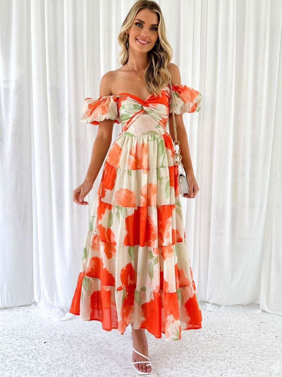 Printed Puff Sleeve Sweetheart Collar Vacation Maxi Dresses