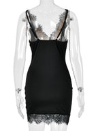 Lace Trim Deep V-neck Sleeveless Bodycon Mini&Short Dresses
