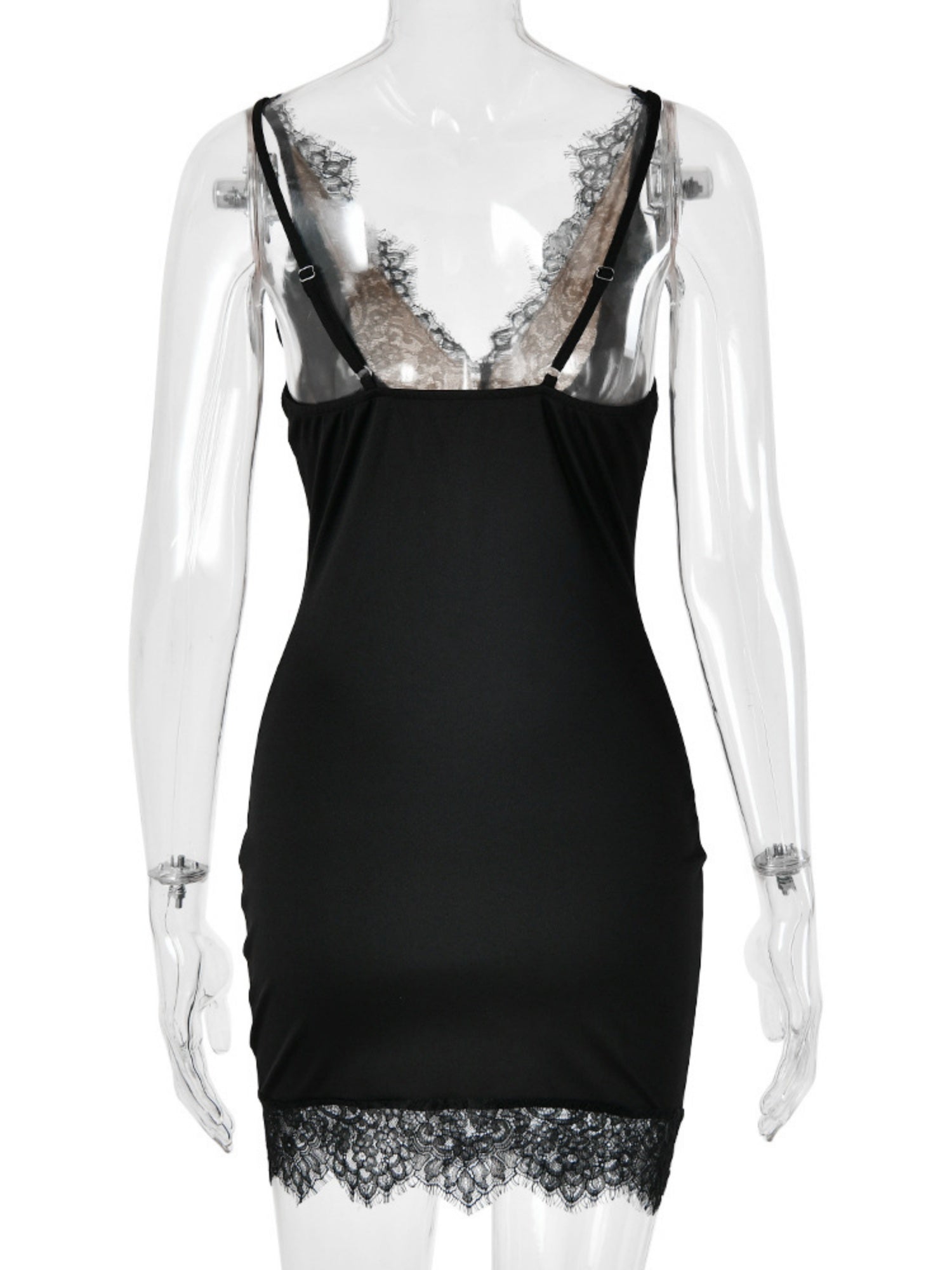Lace Trim Deep V-neck Sleeveless Bodycon Mini&Short Dresses