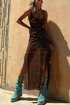Scoop Neck Spaghetti Strap Patchwork Geometric Print Maxi Dress