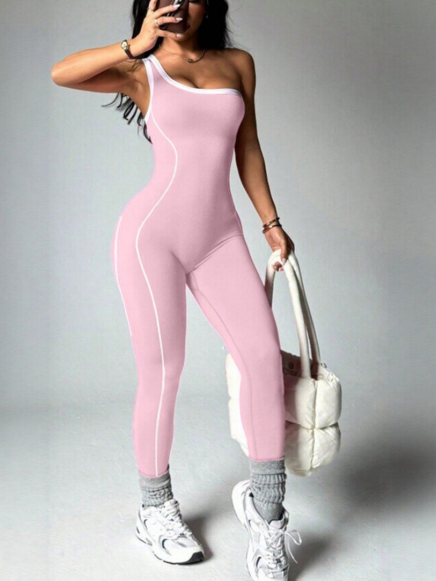 Color-blocked Stripes One Shoulder Exercise And Fitness Yoga Jumpsuits