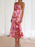 Sloping Shoulders Printed Temperament Fishtail Midi Dresses