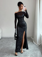 Sequins Sloping Shoulders Slit Sexy Formal Dress Maxi Dresses