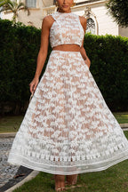 Palm Trees Embroidery Pocketed Swing Maxi Skirt