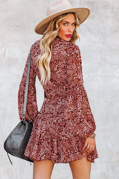 Floral Print V-Neck Button-Front Drawstring Waist Ruffle Hem Mini Dress