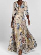 Pattern Printed Temperament V-neck Lace Up Large Skirt Maxi Dresses