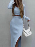 Knitting Long Sleeve T-shirts Skirts Slits Bodycon Dress 2-piece Sets