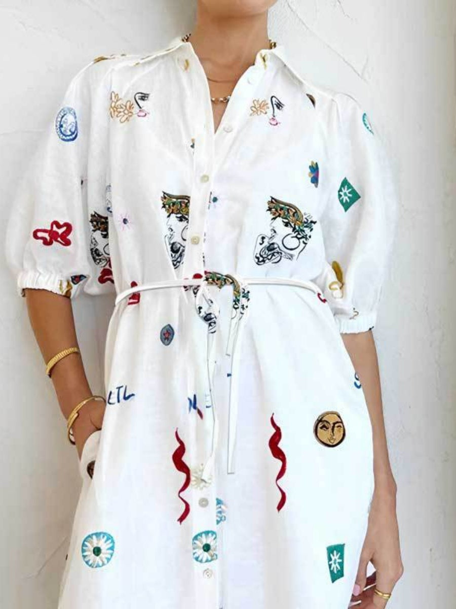 Tie-waist Puff Sleeve Shirt Dress