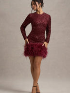 Sequins Feather Trim Mini Dresses