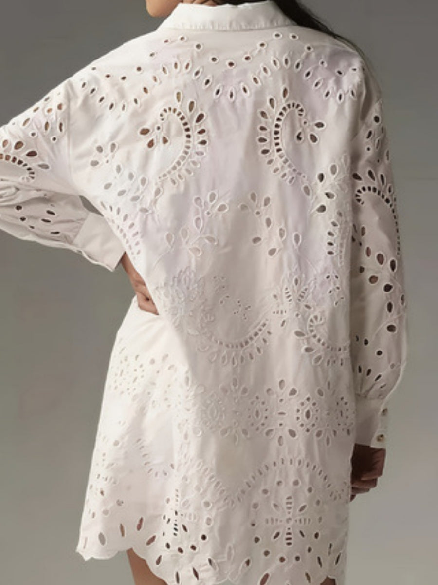 Solid Color Openwork Button-down Collar Shirt