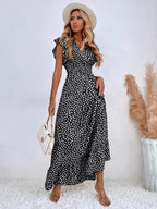 Floral Lotus Leaf Sleeves V-neck Vacation And Leisure Maxi Dresses