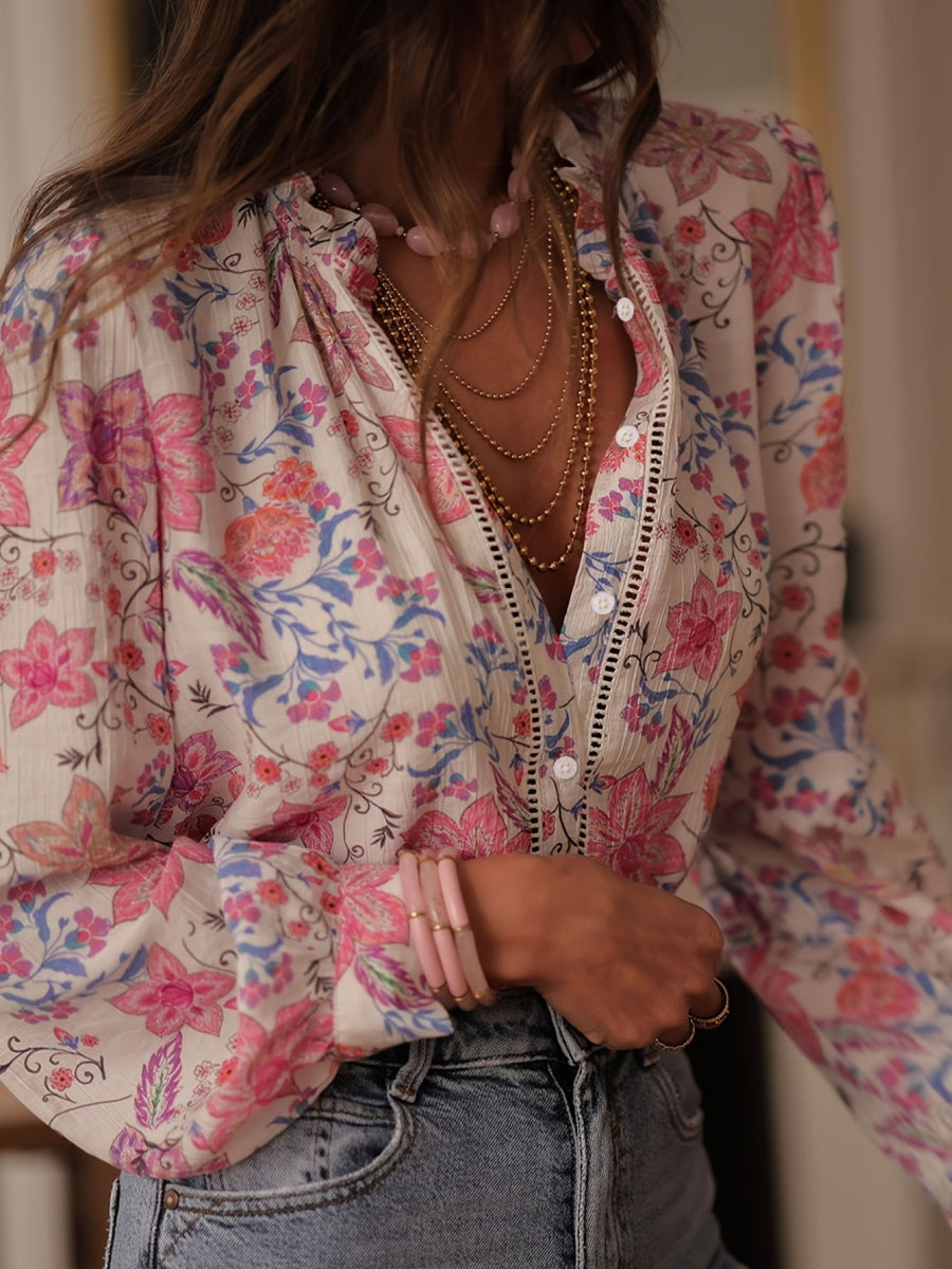 Floral Print V-Neck Long Sleeve Shirt