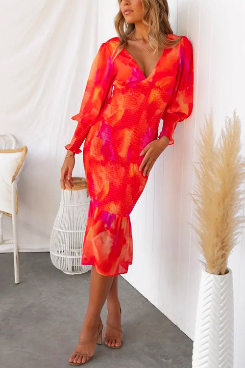 V Neck Long Sleeves Smocked Ruffle Printed Midi Bodycon Dress