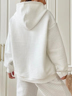 Waffle Drawstring Pocket Round Neck Long Sleeve Hoodie