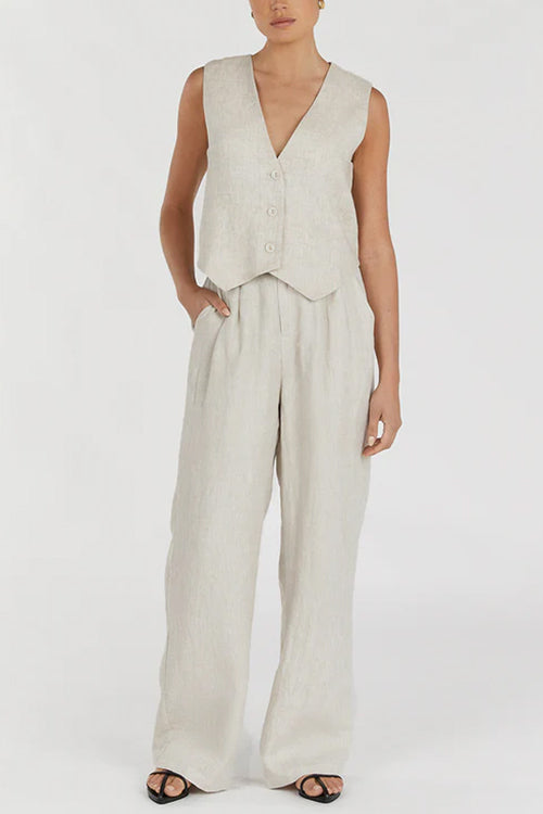 V Neck Button Down Blazer Vest and Wide Leg Pants Set
