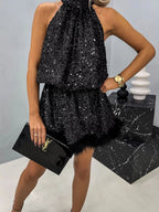 Sequins Feather Halter Lace Up Two-way Parties Mini&Short Dresses