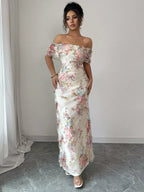 Printed Textured Fabric Off Shoulder Ruffle Maxi Dresses