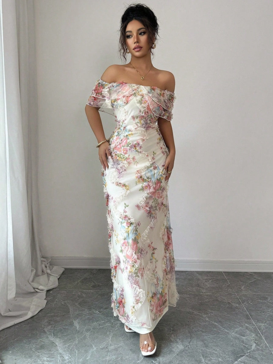 Printed Textured Fabric Off Shoulder Ruffle Maxi Dresses