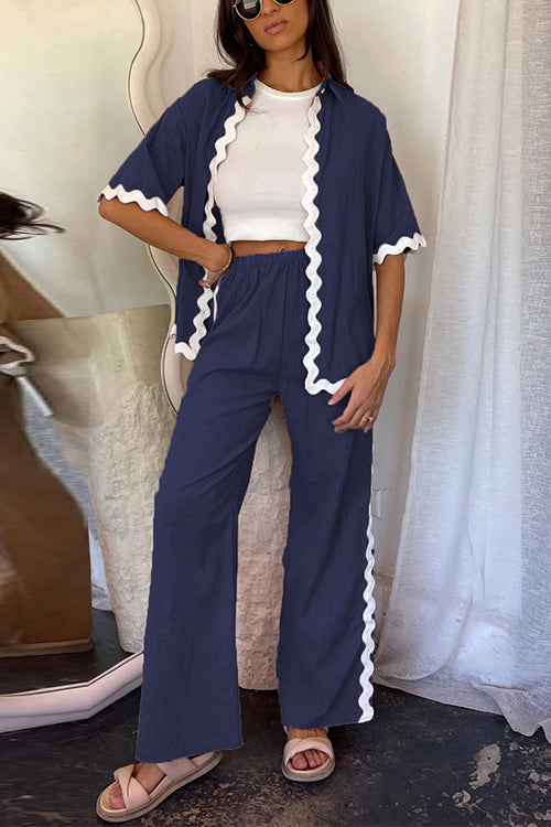 Ric Rac Short Sleeves Button Up Shirt Elastic Waist Pants Set
