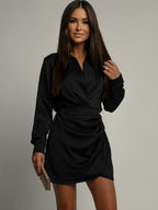 V-neck Long Sleeve Solid Color Pleated Mini&Short Dresses