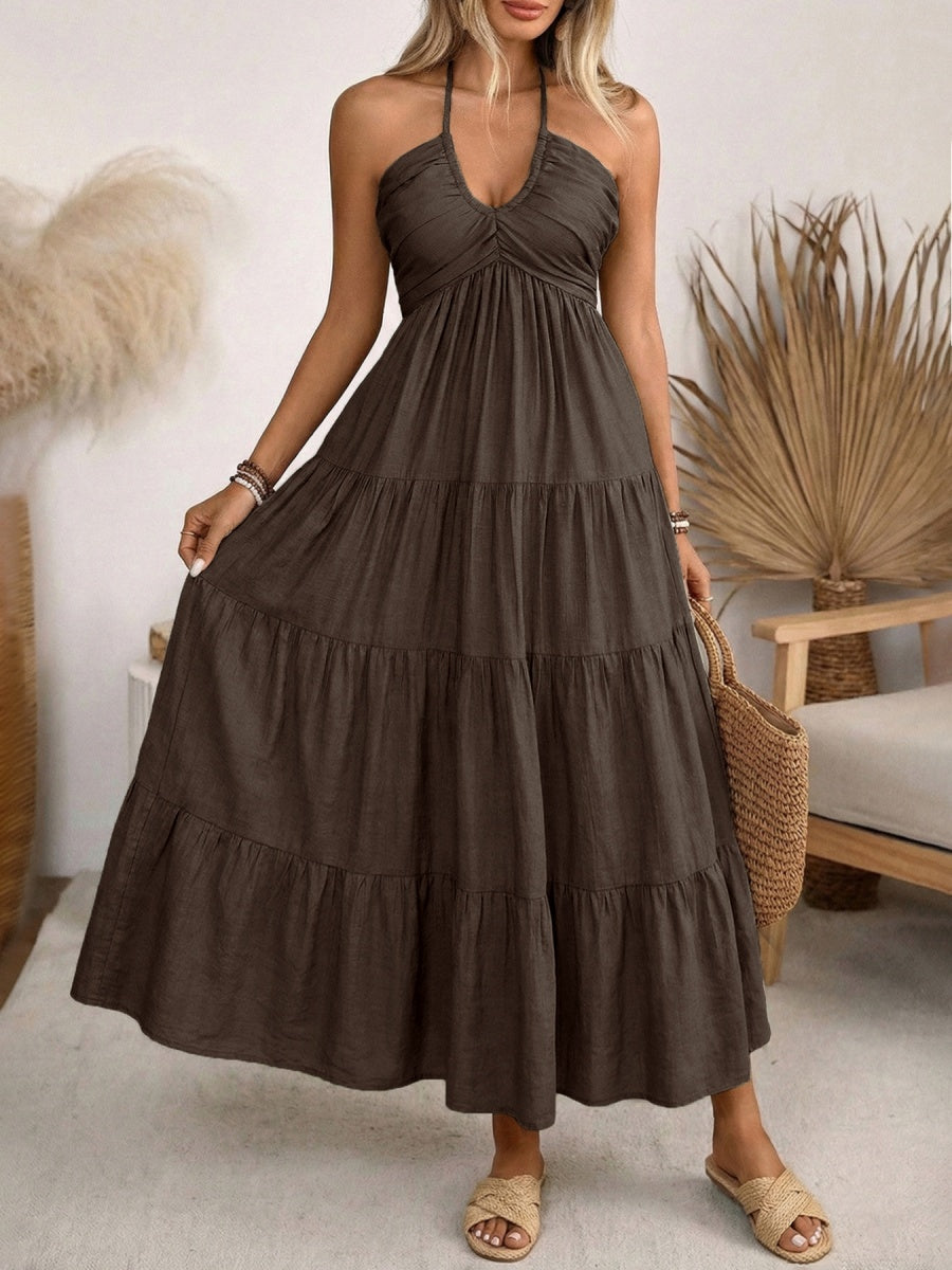 Halter V-neck Drawstring Loose-fit Vacation Maxi Dresses