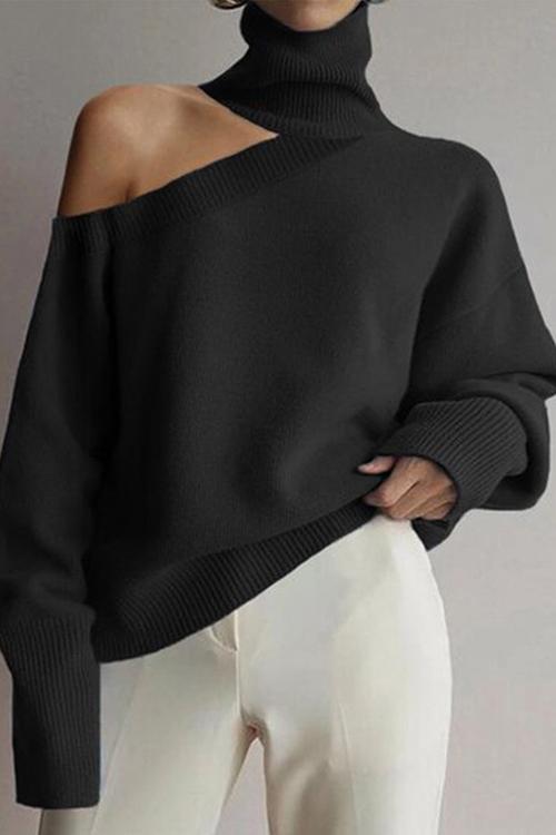 Turtleneck Cold Shoulder Solid Loose Sweater