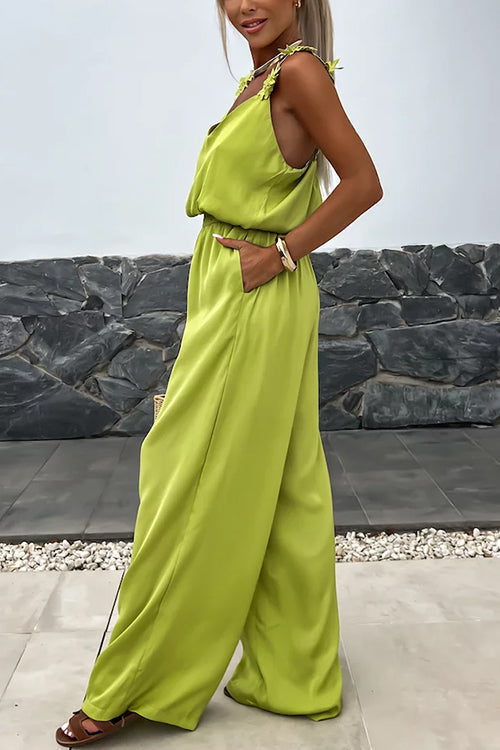 V Neck Backless Waisted Wide Leg Floral Cami Jumpsuit