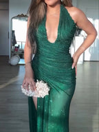 Sequins Gathering V-neck Halter Slit Parties Maxi Dresses