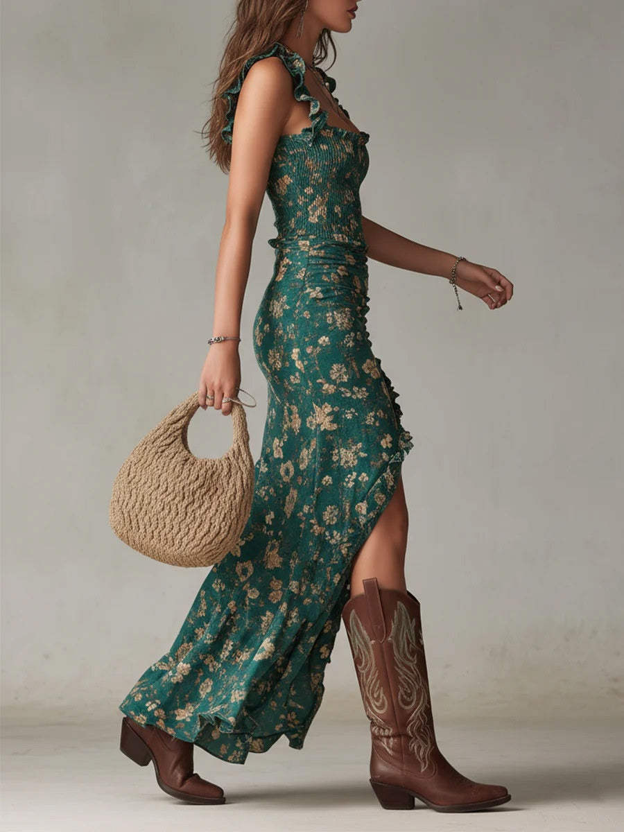 Bohemian Retro Floral Ruffled Sleeveless Camisole With High Slit Maxi Dresses
