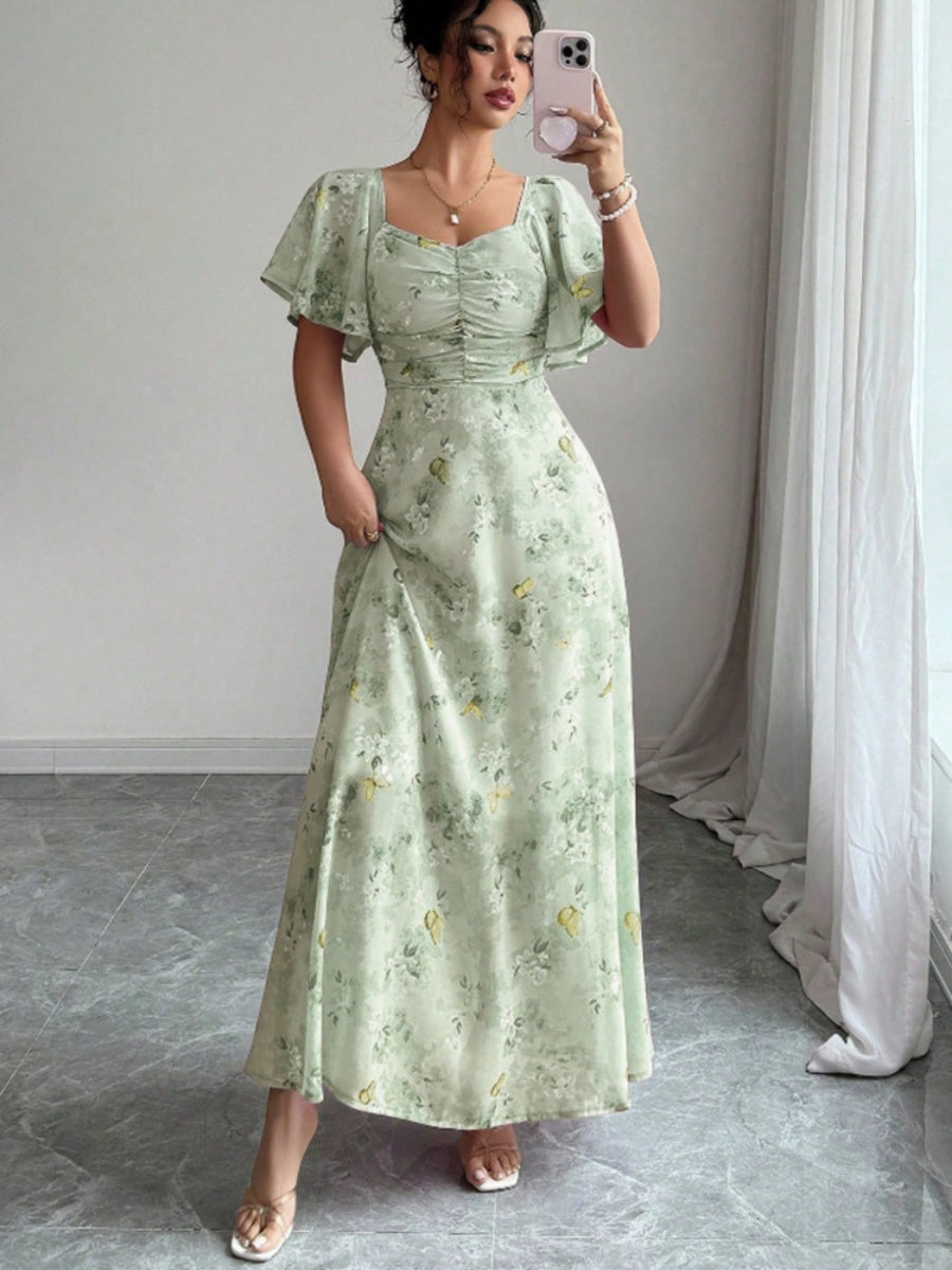 Floral Lotus Leaf Sleeves Sweetheart Collar Vacation And Leisure Maxi Dresses
