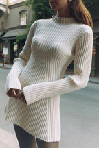 Long Sleeve Ribbed Knit Slit Cuff Bodycon Mini Dress