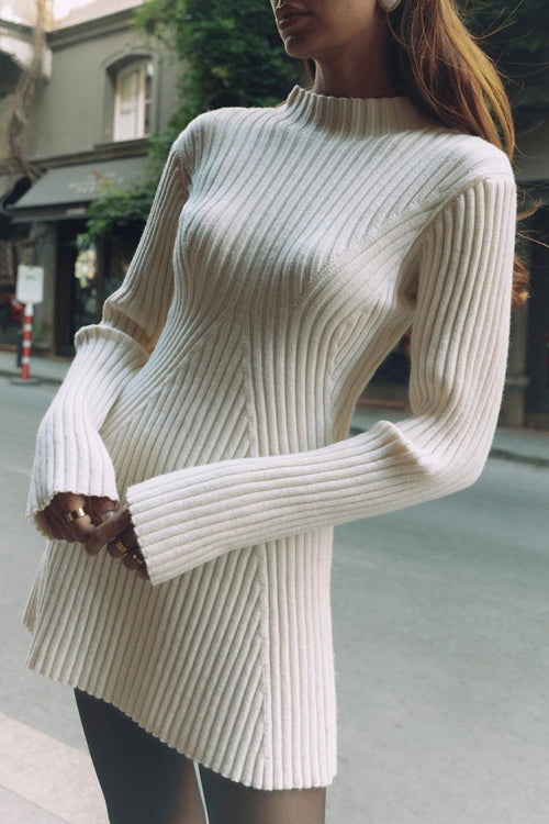 Long Sleeve Ribbed Knit Slit Cuff Bodycon Mini Dress