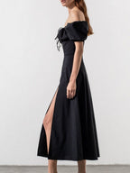 Square Collar Bandage Puff Sleeve Slit Midi Dresses