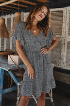 Ditsy Floral Print Surplice V-Neck Flutter Sleeve Drawstring Waist Ruffle Hem Mini Dress