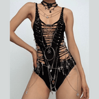 Hollow out metal chain o ring skull applique bodysuit  | Festival Outfits Women