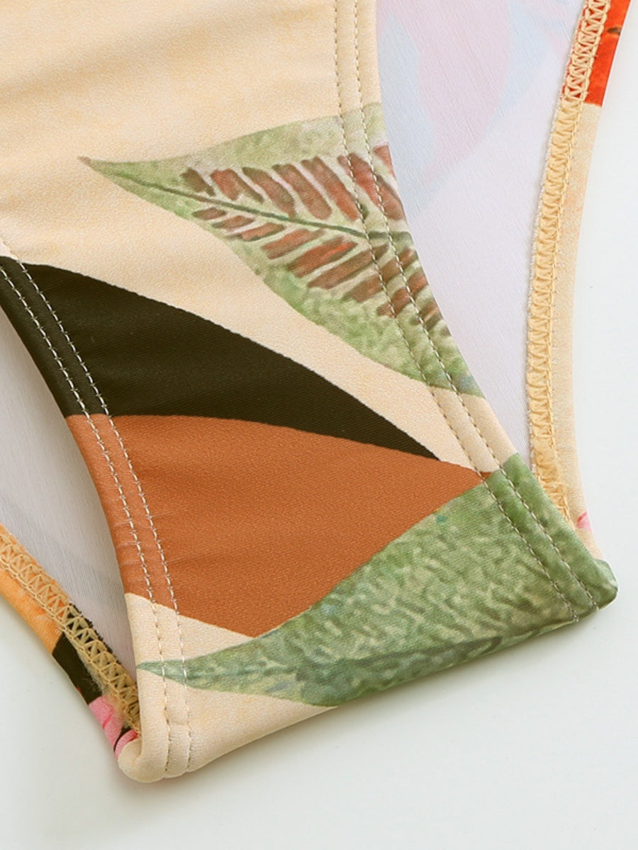 One-piece Swimsuit With Cross-over Print, Revealing Backpack And Hip-revealing Long Skirt (two-piece Set)