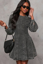 Denim Puff Shoulder Paneled Fit and Flare Mini Dress