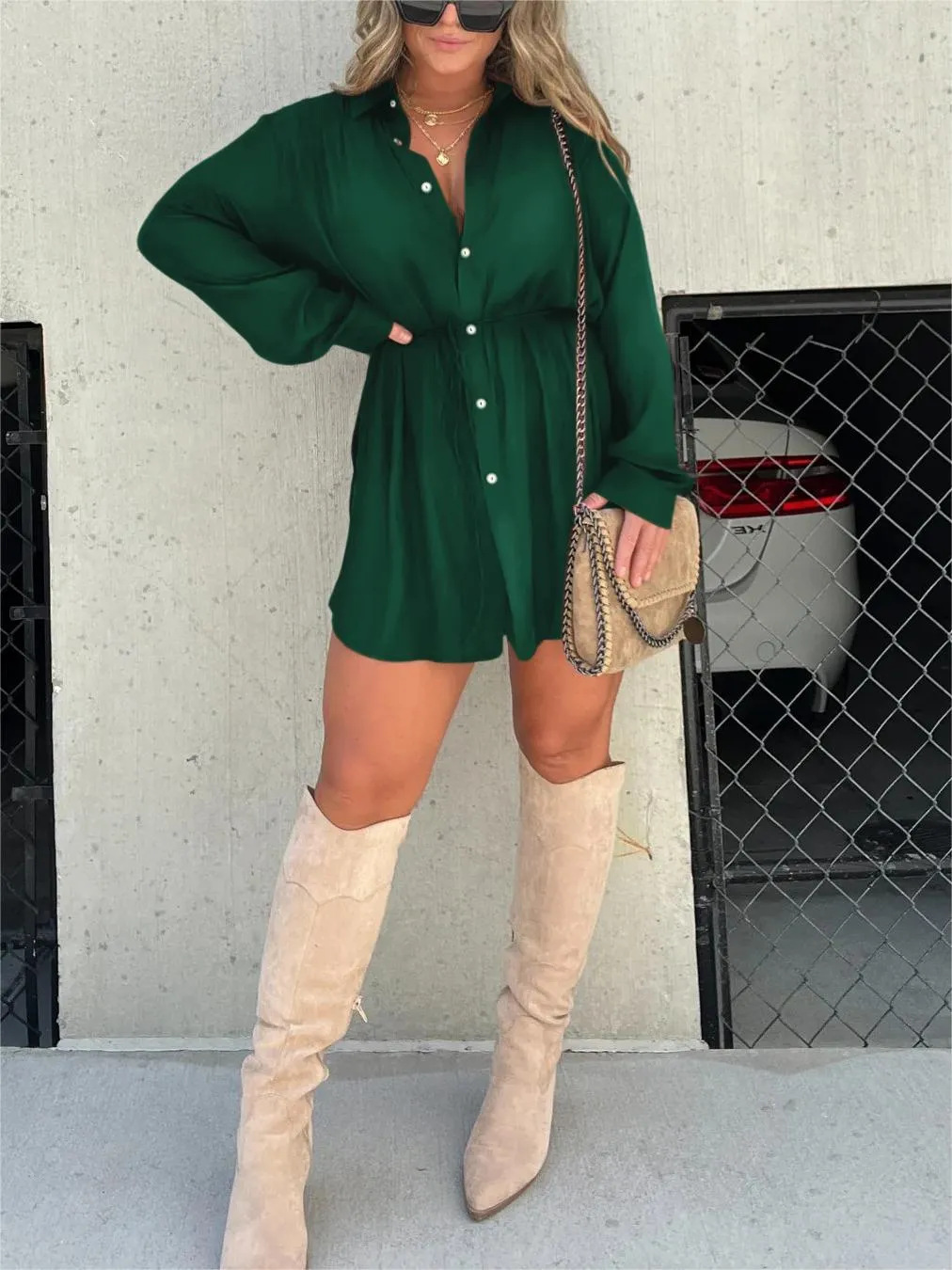 Long Sleeve Button Down Drawstring Waist Shirt Mini Dress