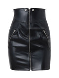 PU Leather Fold Zipper Buttons High-waisted Hip-hugging Skirts