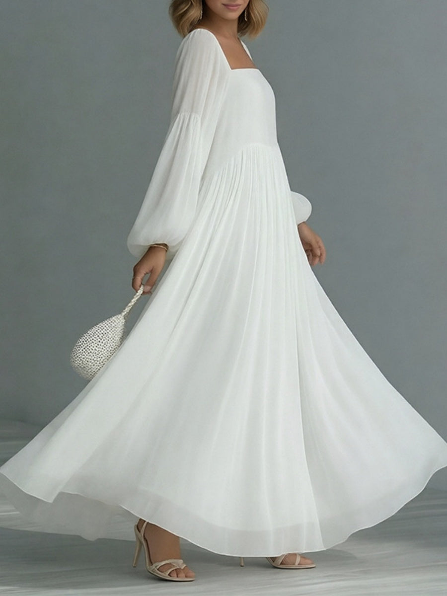 Vacation Balloon Sleeve Big Swing Square Collar Comfort Maxi Dresses