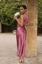 One Shoulder Cowl Neck Draped Satin A-Line Midi Dress