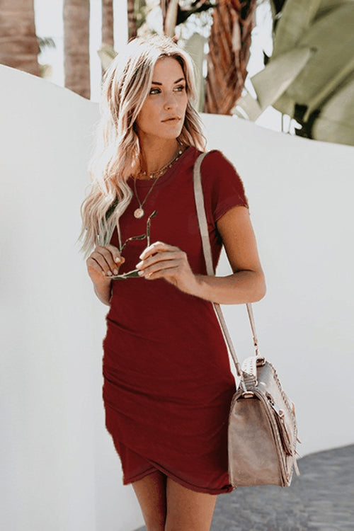 Ruched Crew Neck Puff Sleeve Tulip Hem Bodycon Mini Dress