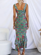 Printed Gathering Camisoles V-neck Ruffle Maxi Dresses