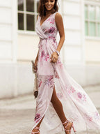 Wrap-up V-neck Bandage Slit Vacation And Leisure Maxi Dresses
