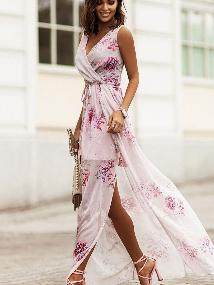 Wrap-up V-neck Bandage Slit Vacation And Leisure Maxi Dresses