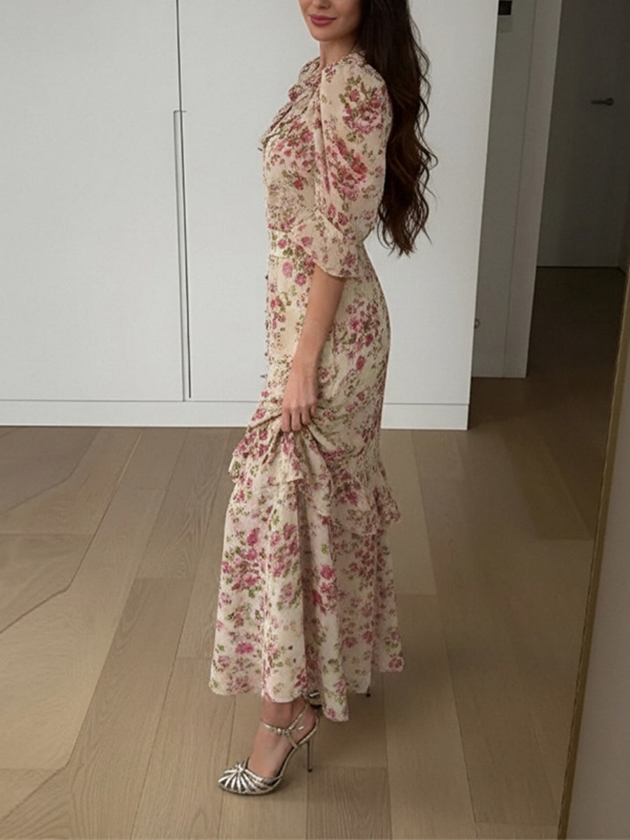 Floral Printed Ruffle Slit Temperament Maxi Dresses