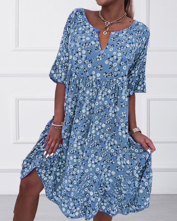 | Elegant Half-Sleeved Dress in Floral Cotton